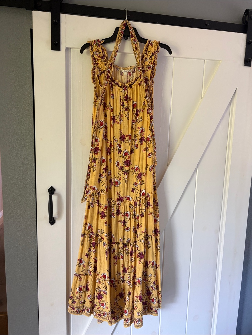Max Studio Yellow Floral Tiered Maxi Dress with Belt and Pockets